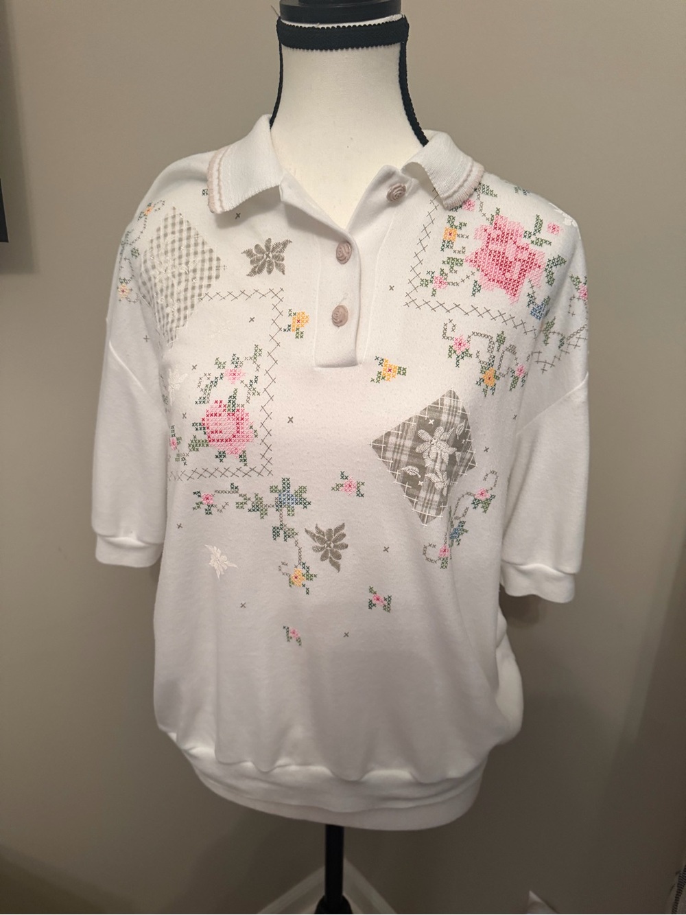 Teddi Vintage Floral Cross Stitch Patchwork Polo Shirt Medium Cottagecore